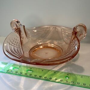 Pink Fenton depression glass double swan candy dish.